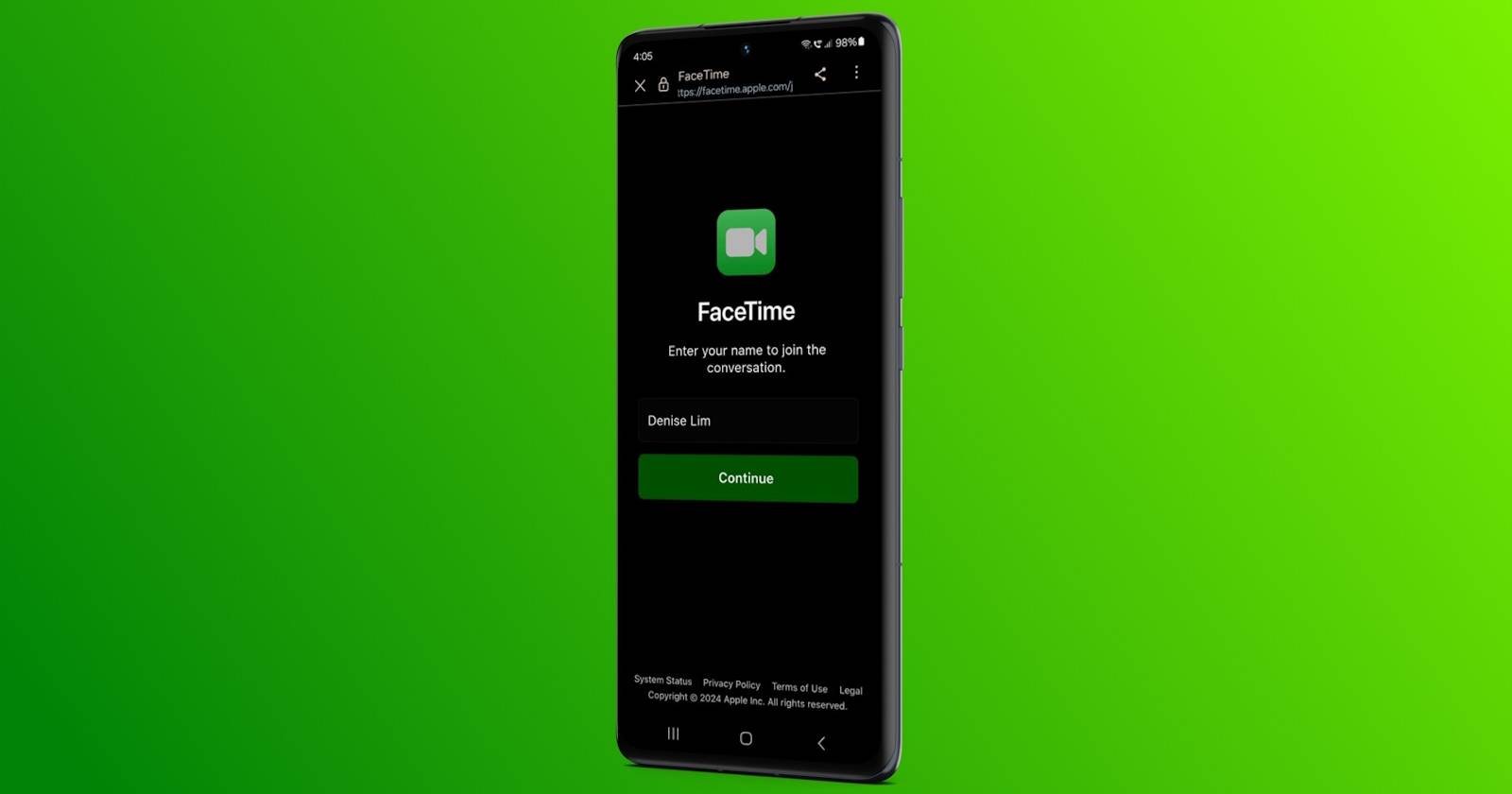 Экран приглашения FaceTime на Android-телефоне