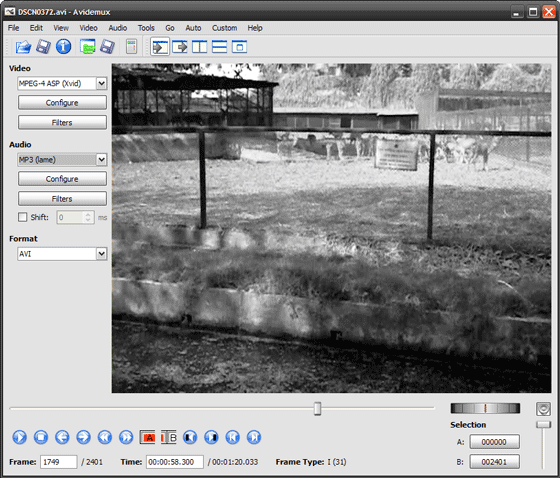 Интерфейс Avidemux с выбором кодека