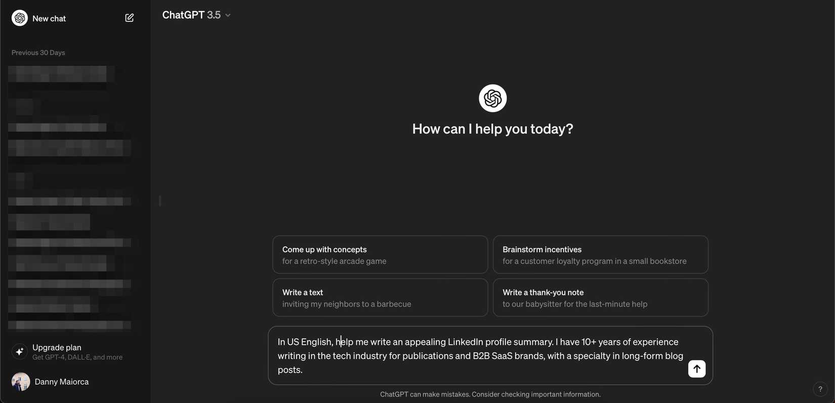 Подсказка для написания профиля LinkedIn в ChatGPT