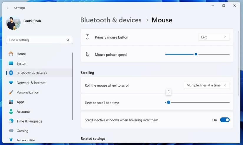 Параметры прокрутки мыши в Windows 11