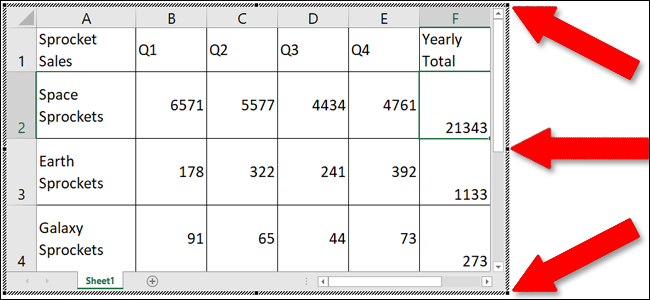 Черные маркеры-фиксиры вокруг встроенной таблицы для изменения видимых строк и столбцов