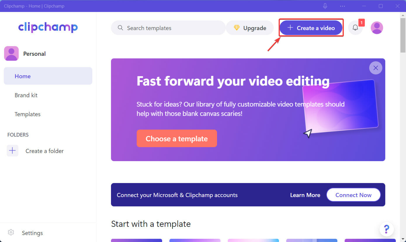 Кнопка Создать видео в интерфейсе Clipchamp