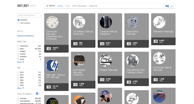 Интерфейс архива с коллекцией старых мануалов