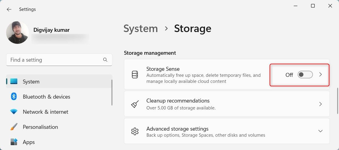 Включение Storage Sense в настройках