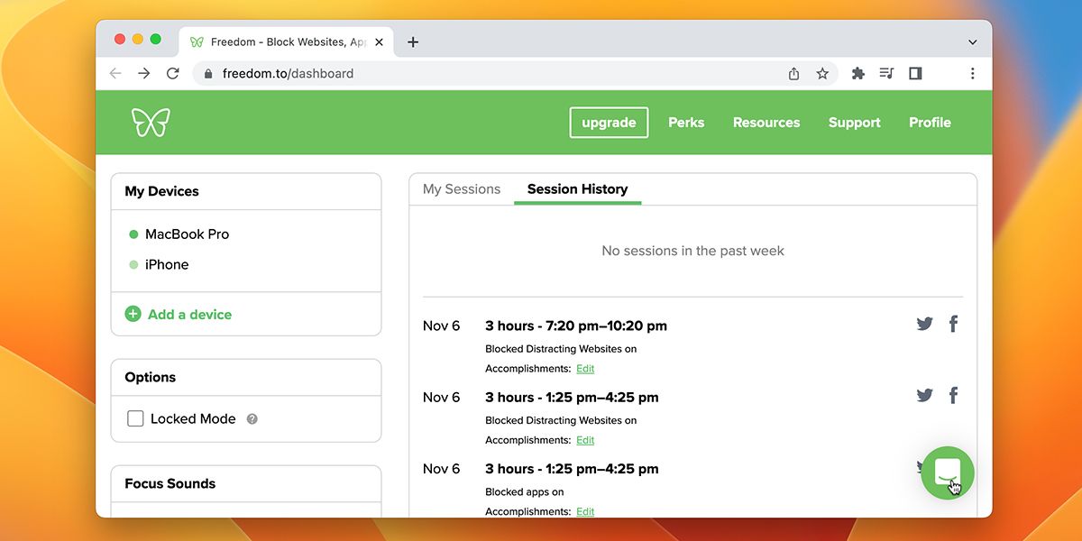 История сессий в Freedom