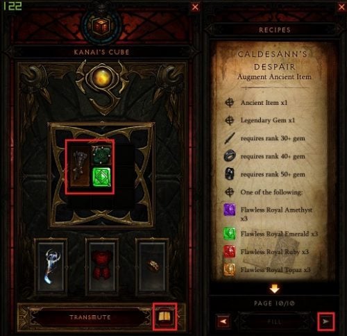 интерфейс аугментации: поместите предмет и материалы и нажмите Transmute