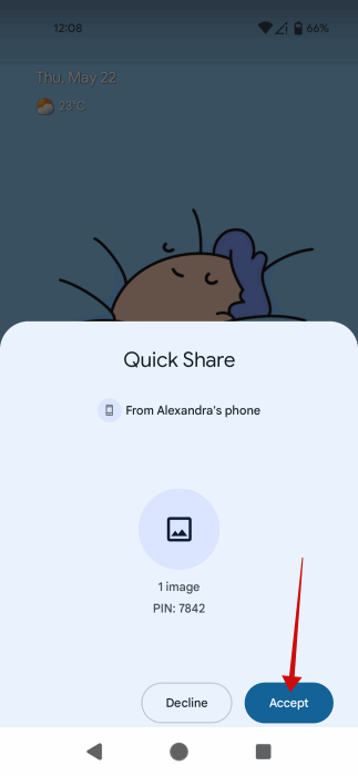 Quick Share request on receiving Android device. 