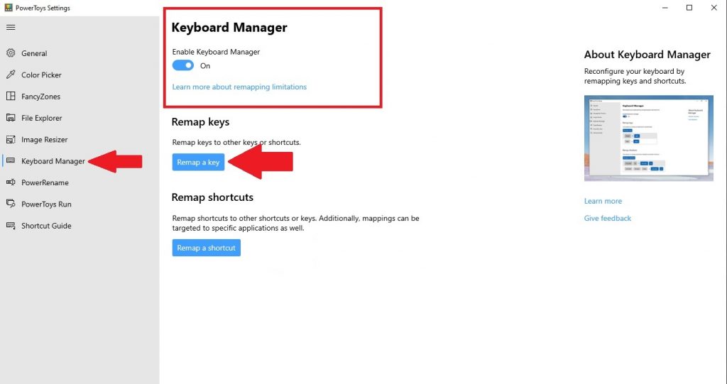 Окно Keyboard Manager в PowerToys