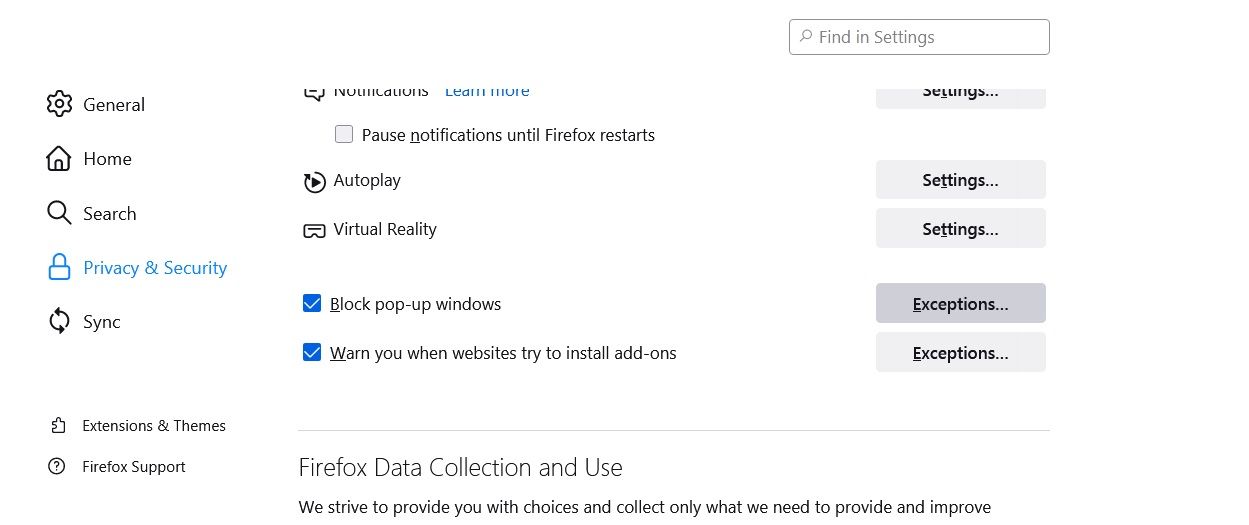 Окно управления исключениями для всплывающих окон