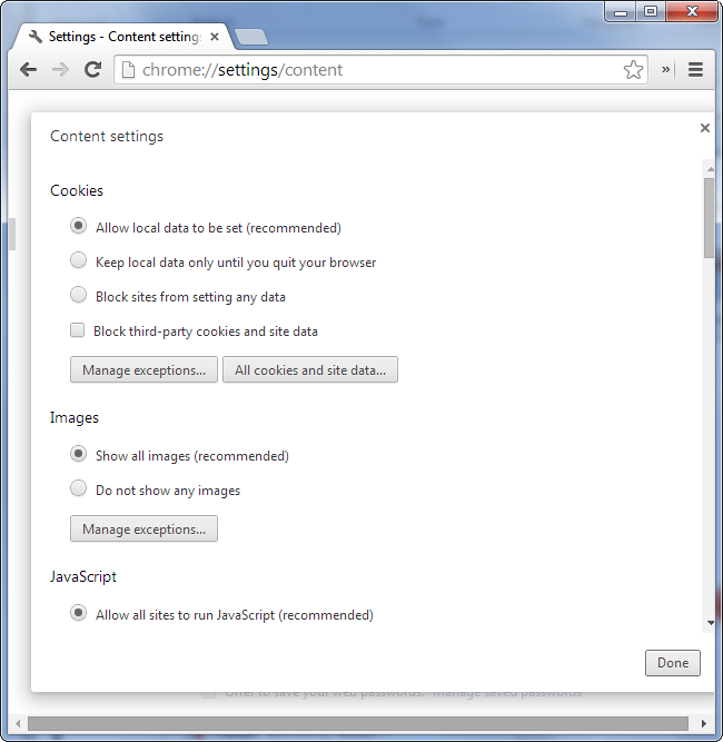 Секция настроек контента (Content settings) в Chrome