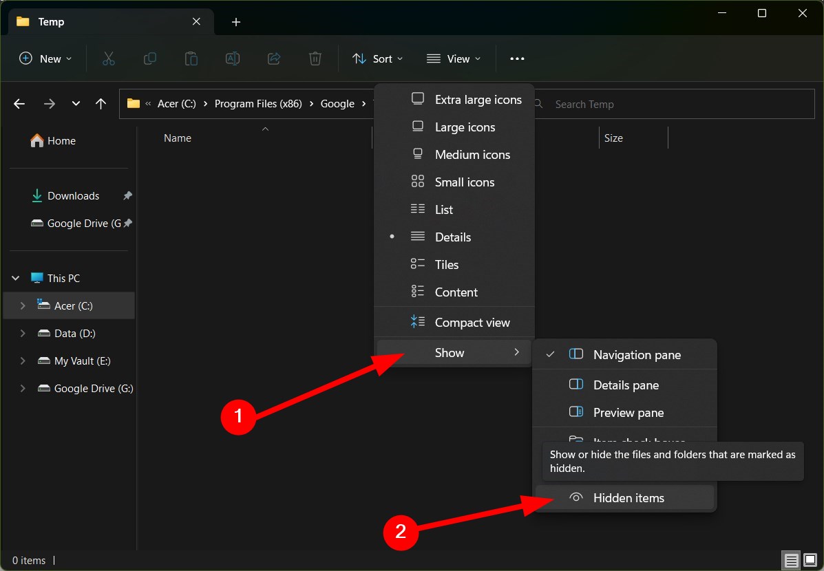 Опция показать скрытые элементы в Проводнике