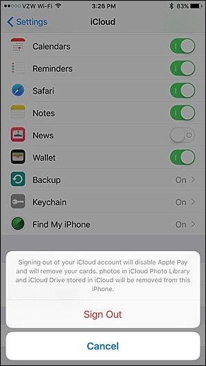 Подтверждение выхода из iCloud