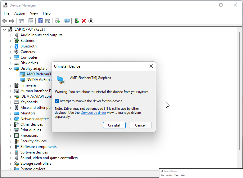 Параметр удаления драйвера для этого устройства
