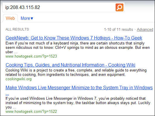Скриншот: поиск сайта по IP-адресу