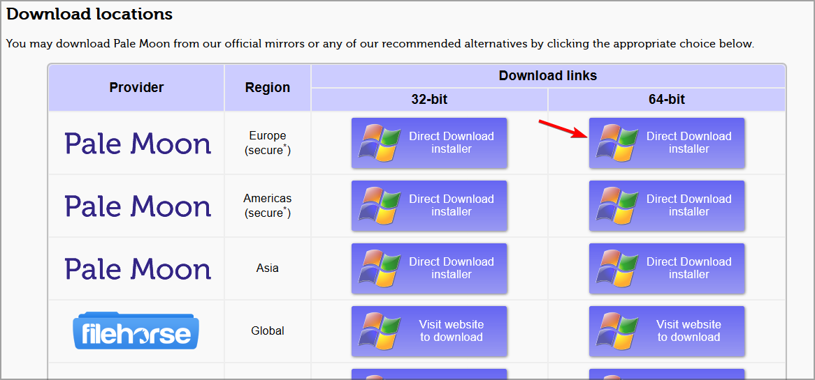 Кнопки загрузки на сайте Pale Moon