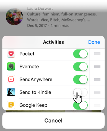 Включение функции Send to Kindle в списке действий iOS