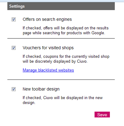 Страница настроек Ciuvo с опцией включения в результаты Google