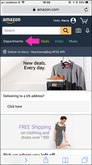 Ссылка на разделы сайта Amazon на мобильном устройстве