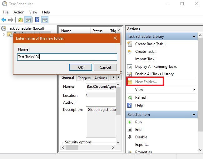 Создание новой папки в Планировщике