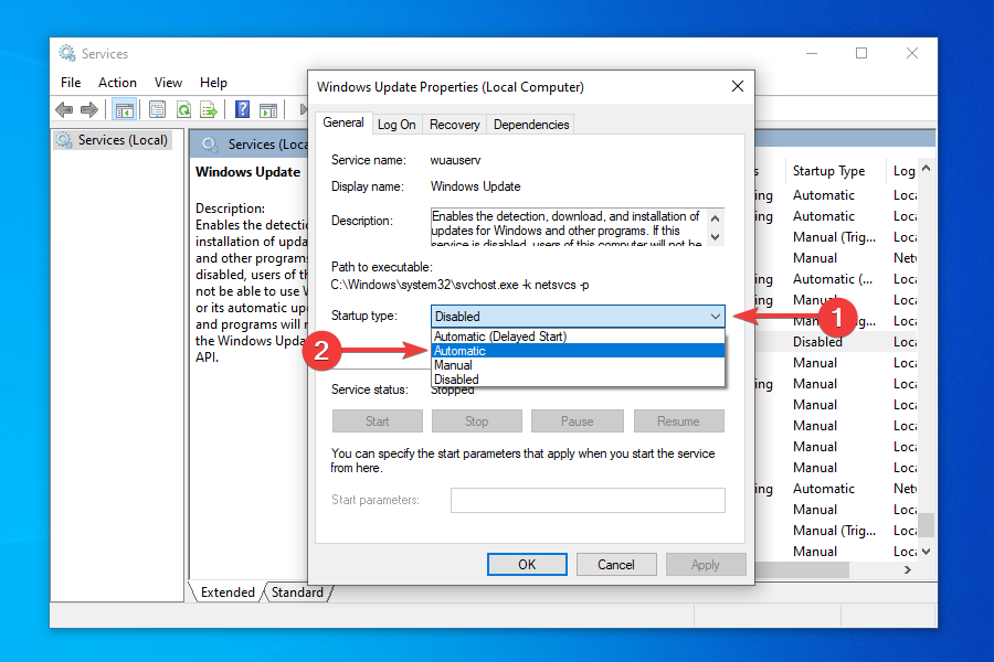 Установить службу Windows Update на автоматический запуск