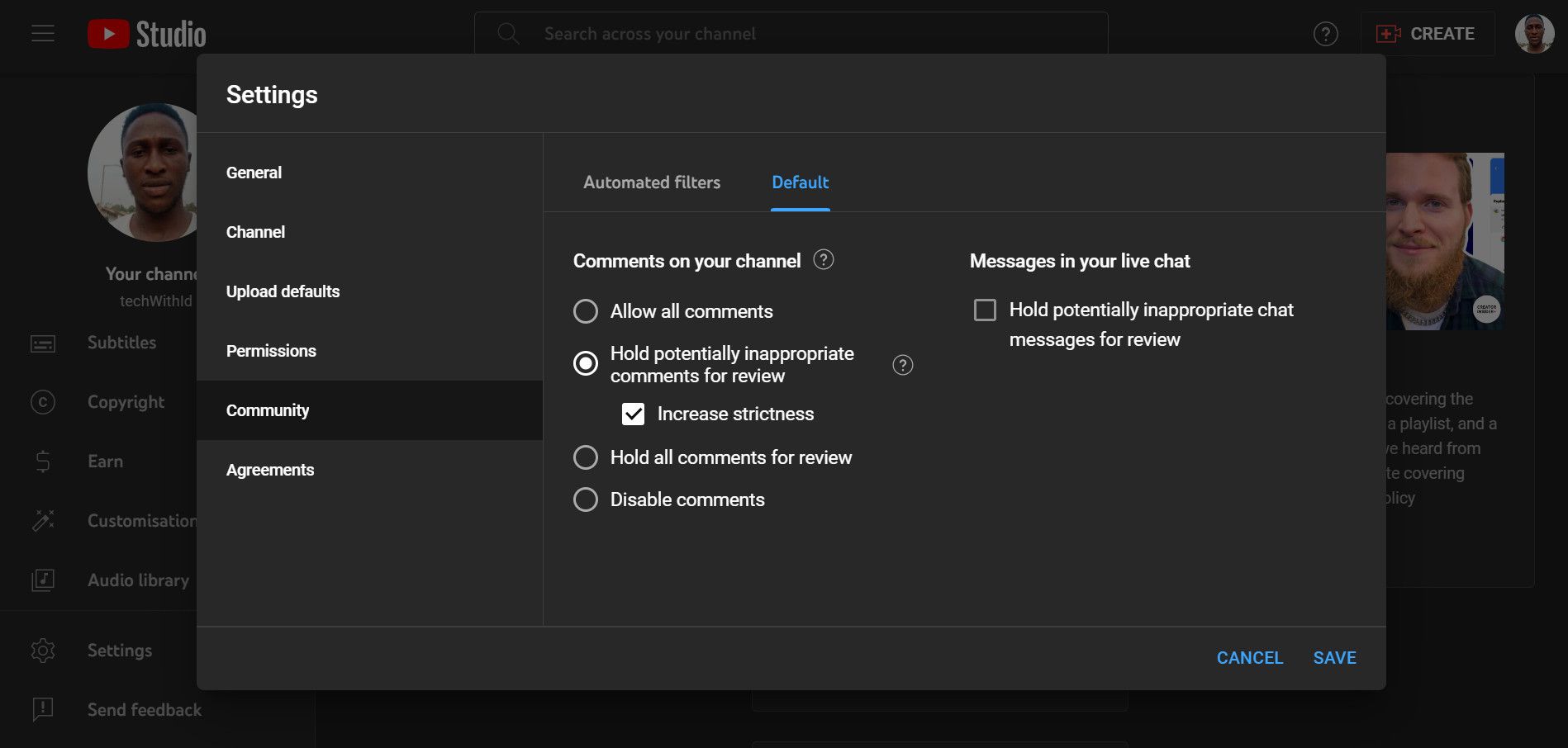Меню Настроек YouTube Studio