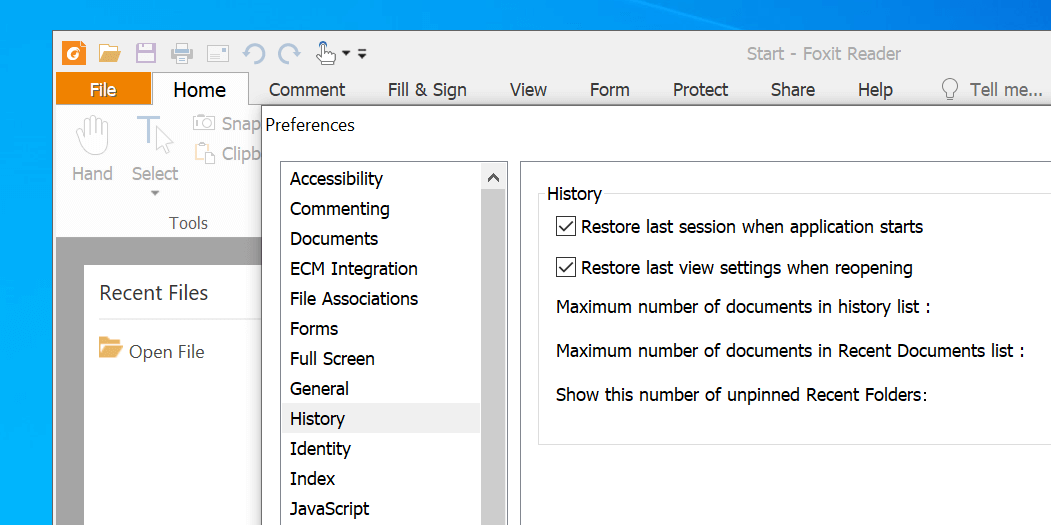 Настройка истории в Foxit Reader — включить восстановление последней сессии