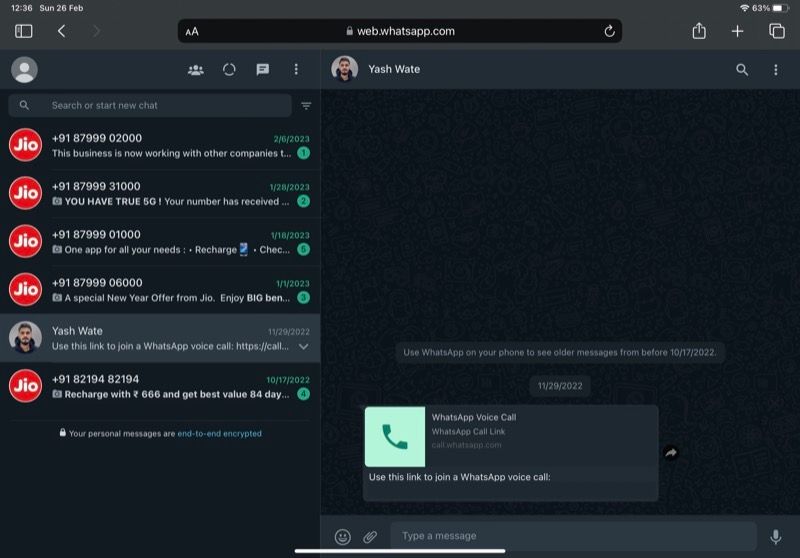 Разговоры WhatsApp Web на iPad