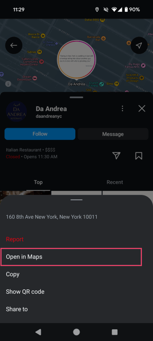 Выбор «Open in Maps» для открытия маршрута к месту из Instagram