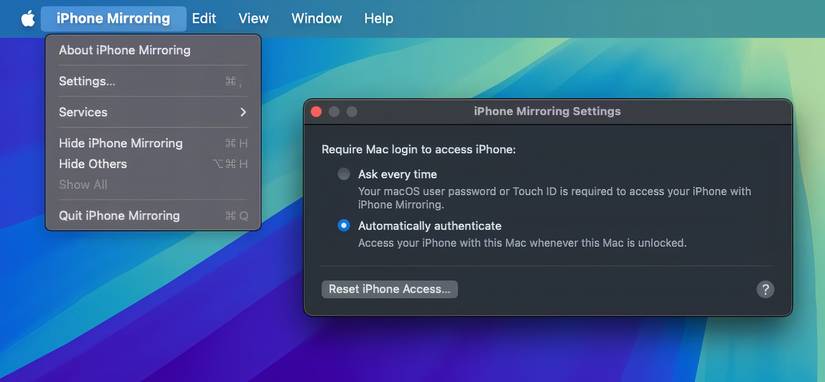 iPhone Mirroring settings menu in macOS Sequoia