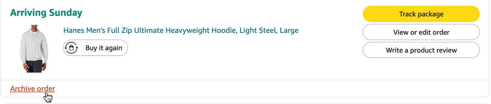 Выберите Archive order, чтобы скрыть заказ Amazon.