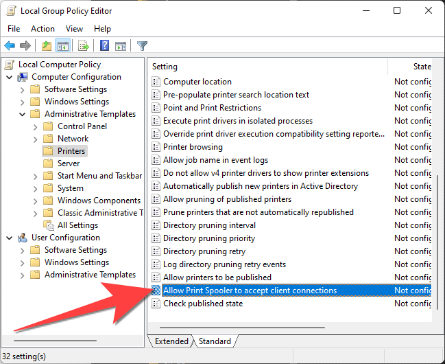 Политика 'Allow Print Spooler to Accept Client Connections' в списке
