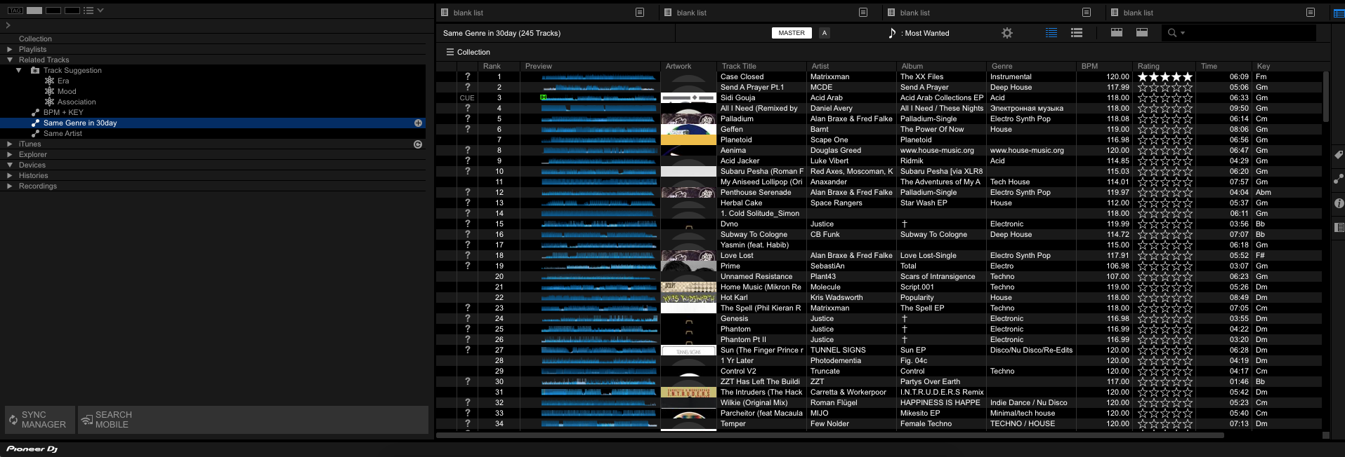 A display of Rekordbox's related tracks function