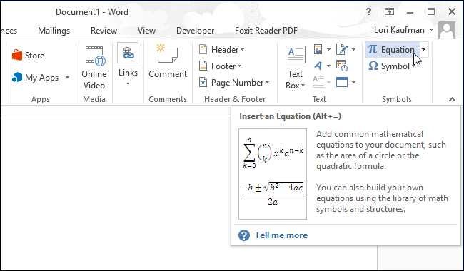 Вставка уравнения в Word