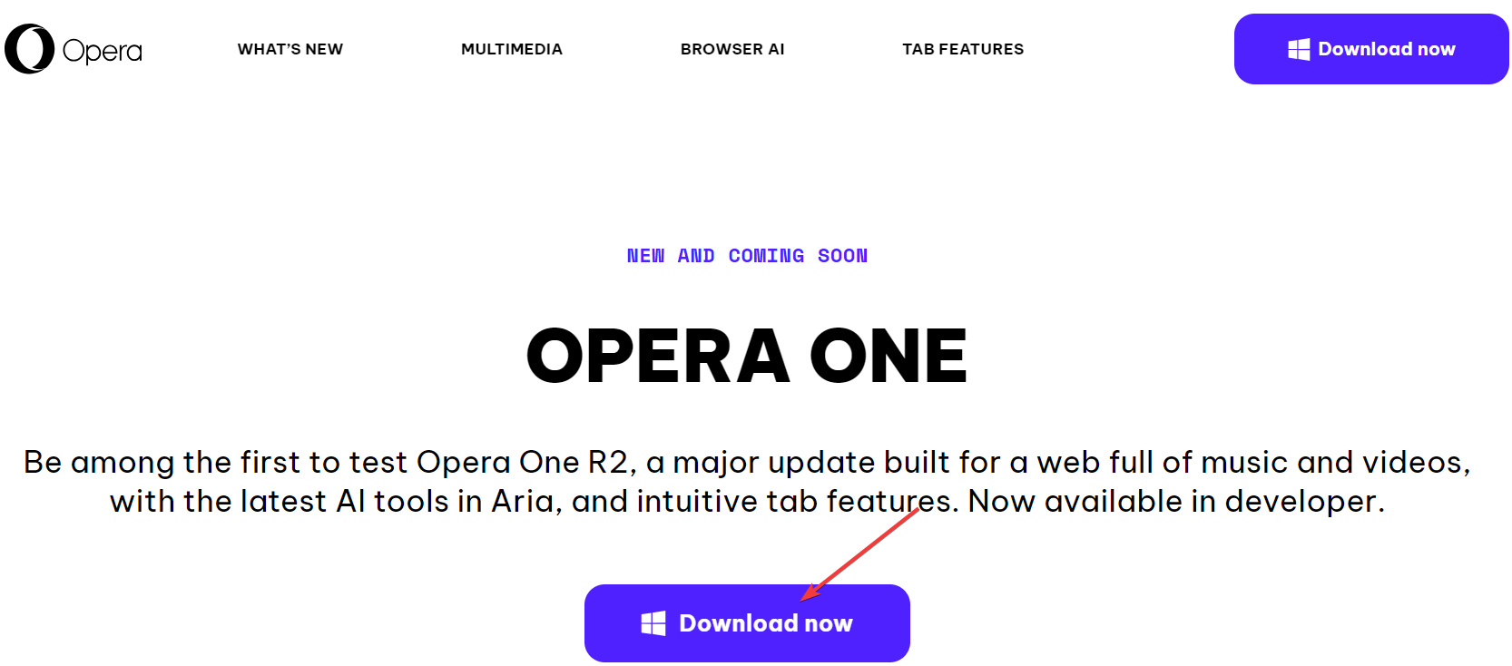 Pagina di download di Opera One R2 con pulsante Download now