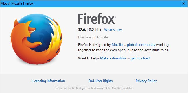 Окно О Firefox, показывающее 32‑bit или 64‑bit рядом с номером версии