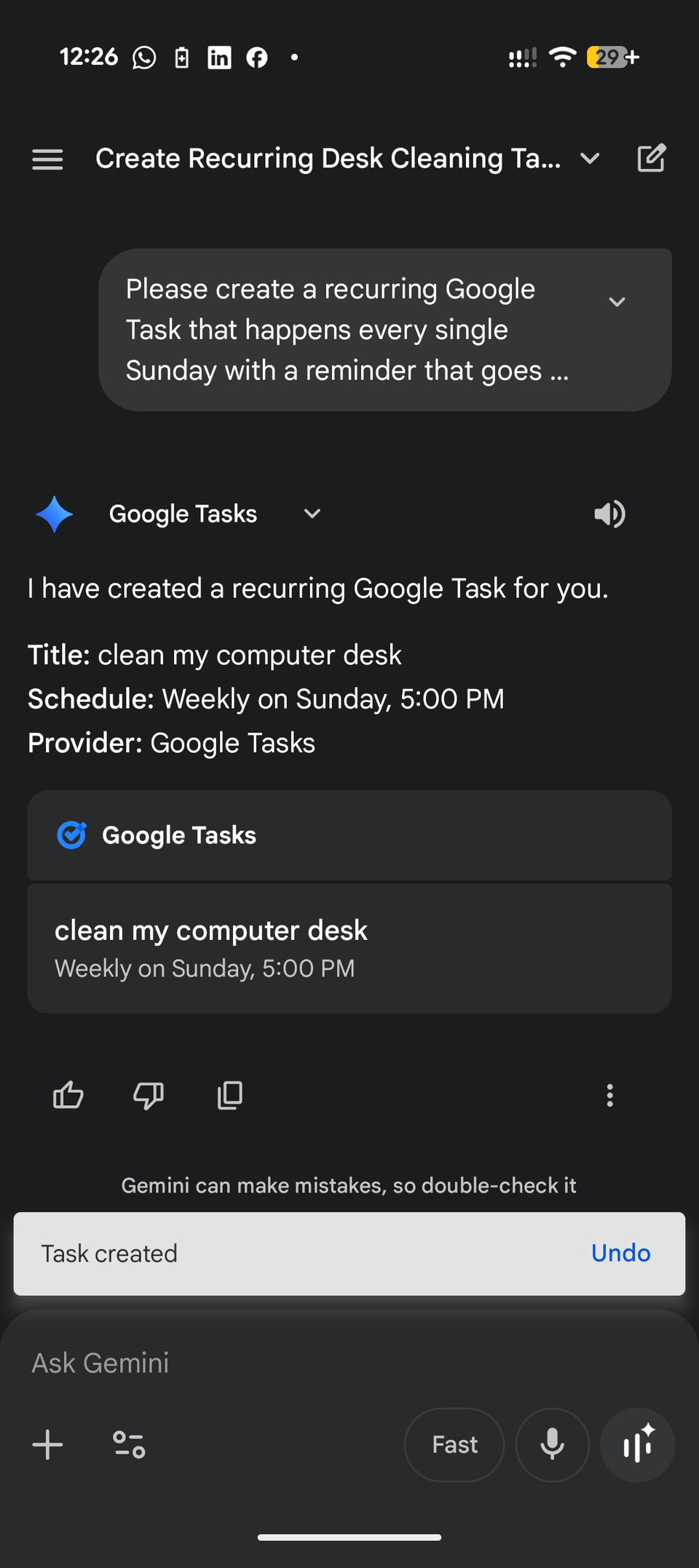 Creating a Google Task on Android with Gemini.