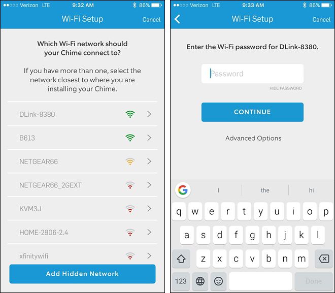 Выбор домашней Wi‑Fi сети в приложении Ring