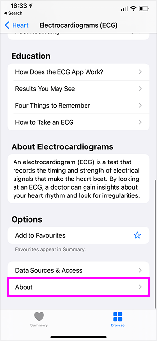 Кнопка О программе в разделе ЭКГ приложения Здоровье