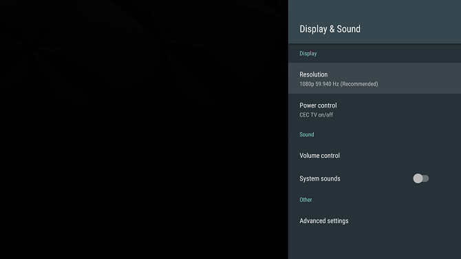 Параметры экрана и звука в меню Shield TV