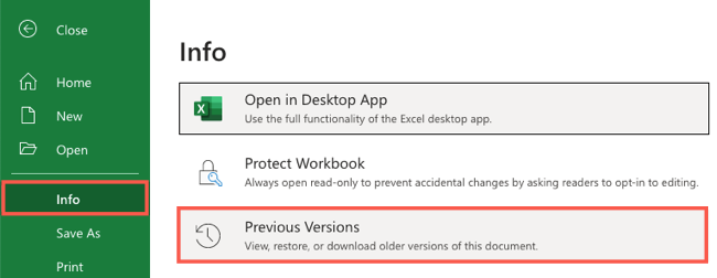 Нажмите Файл, Сведения, Предыдущие версии