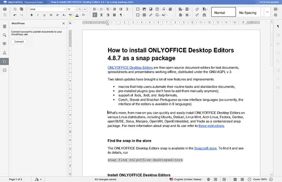Плагин WordPress в редакторе ONLYOFFICE — кнопка Подключиться