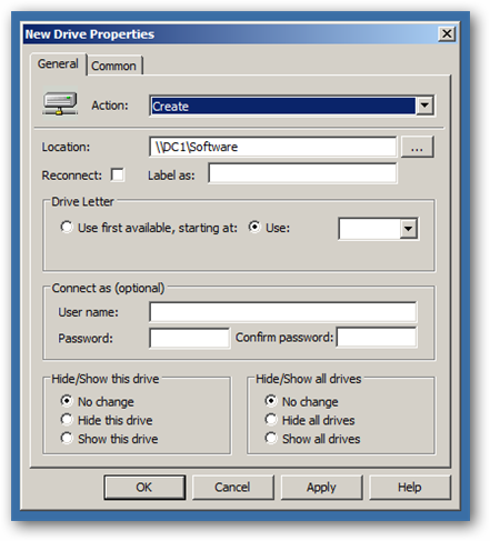 Sélection de l'action Create et saisie du chemin de partage