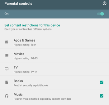 Экран настроек родительского контроля в Google Play — выбор возрастных категорий