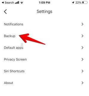 Раздел резервного копирования в приложении Google Drive на iPhone