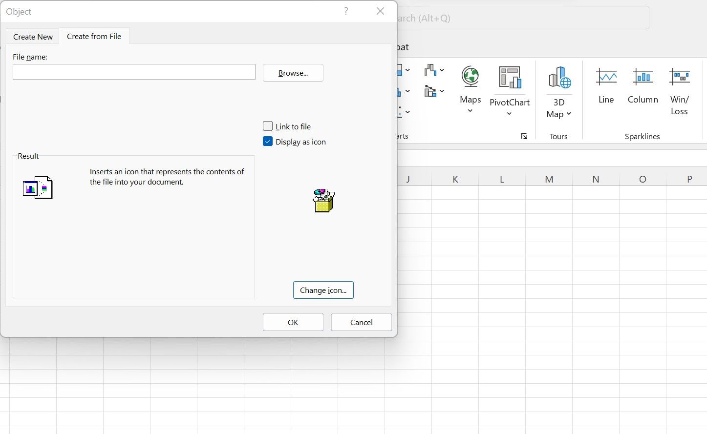 Кнопка Отображать как значок в Excel