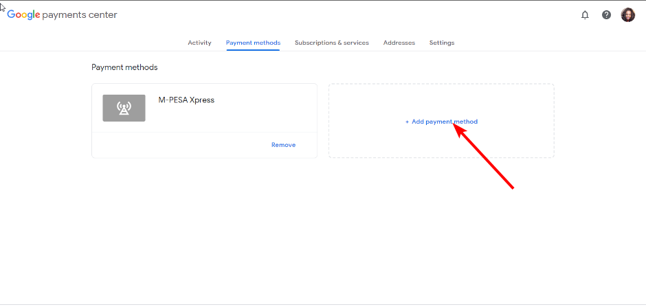 Кнопка Add a payment method в Google Payments Center