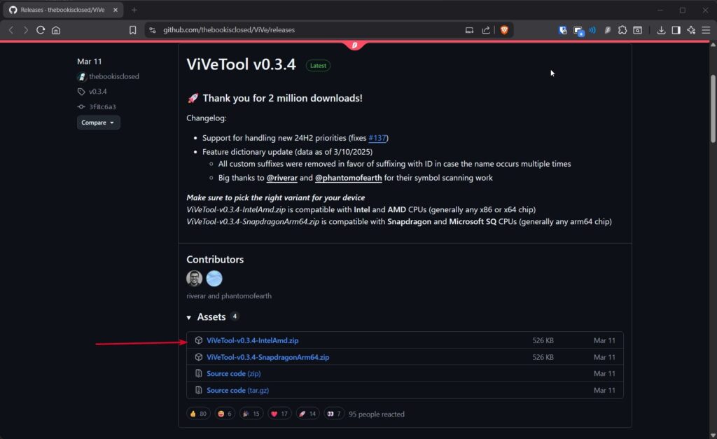 Скачивание ViVeTool со страницы GitHub