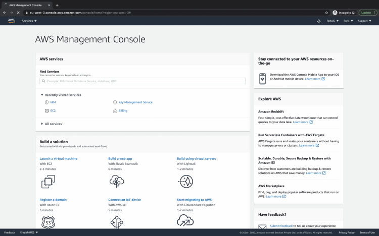 Главная консоль AWS