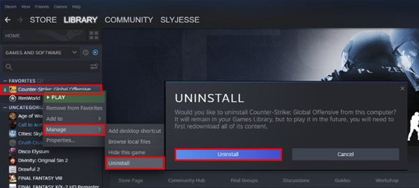 Подтверждение удаления CS:GO в Steam