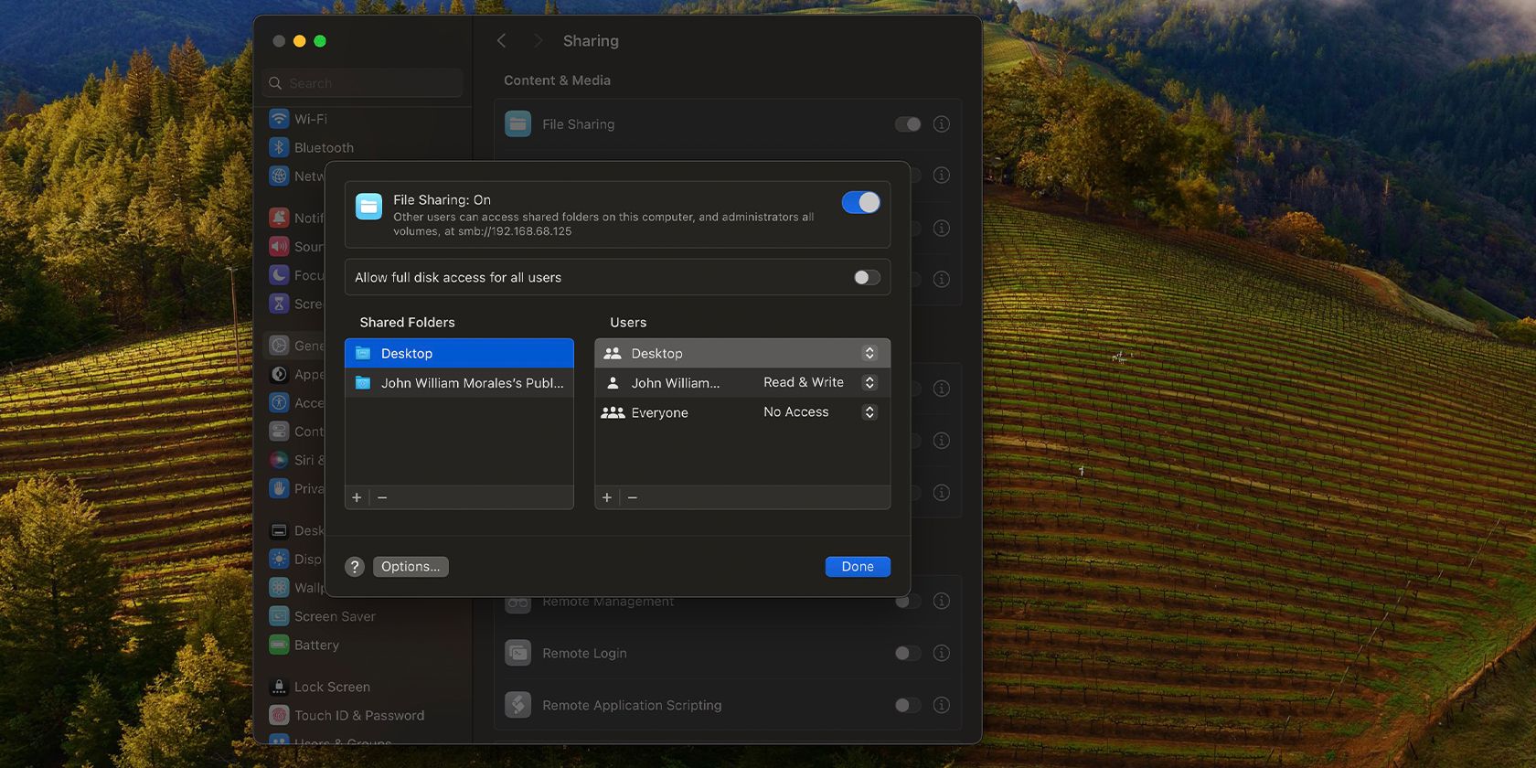 Переключатель Общего доступа к файлам в macOS